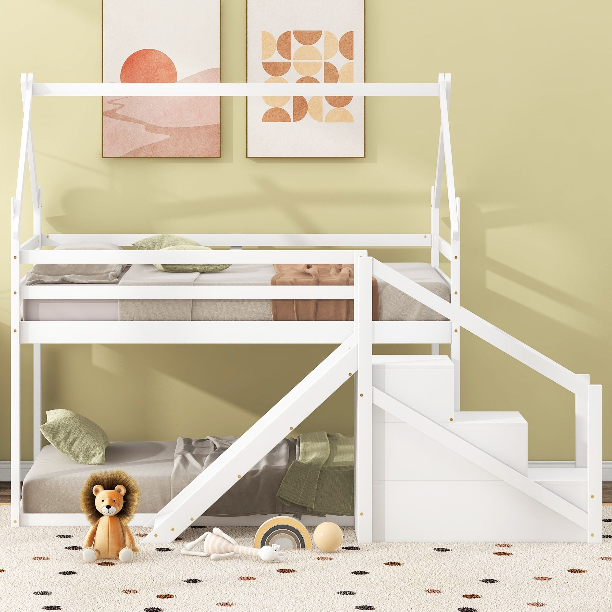 Fun and Functional Twin Over Twin Wood Loft Bed with Slide and Staircase, White | Just Better Bunk Beds - Side View