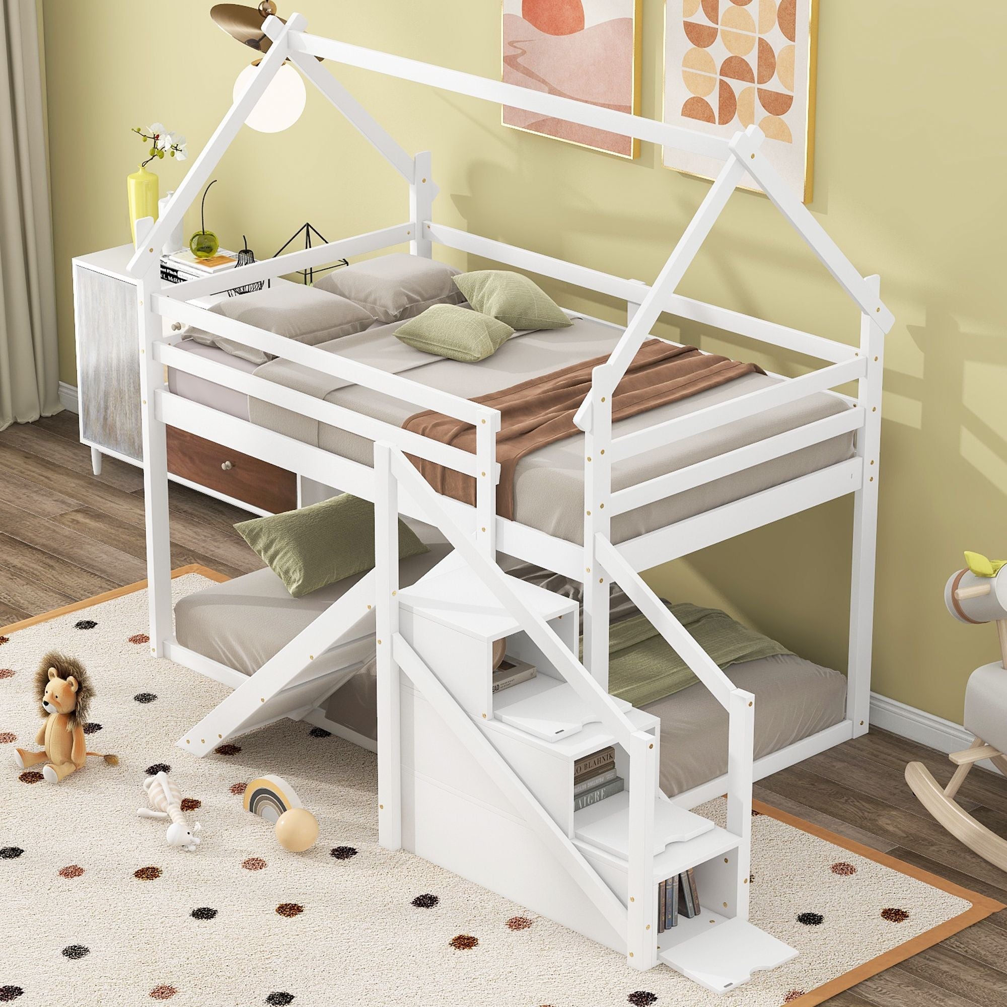 Fun and Functional Twin Over Twin Wood Loft Bed with Slide and Staircase, White | Just Better Bunk Beds - Front View