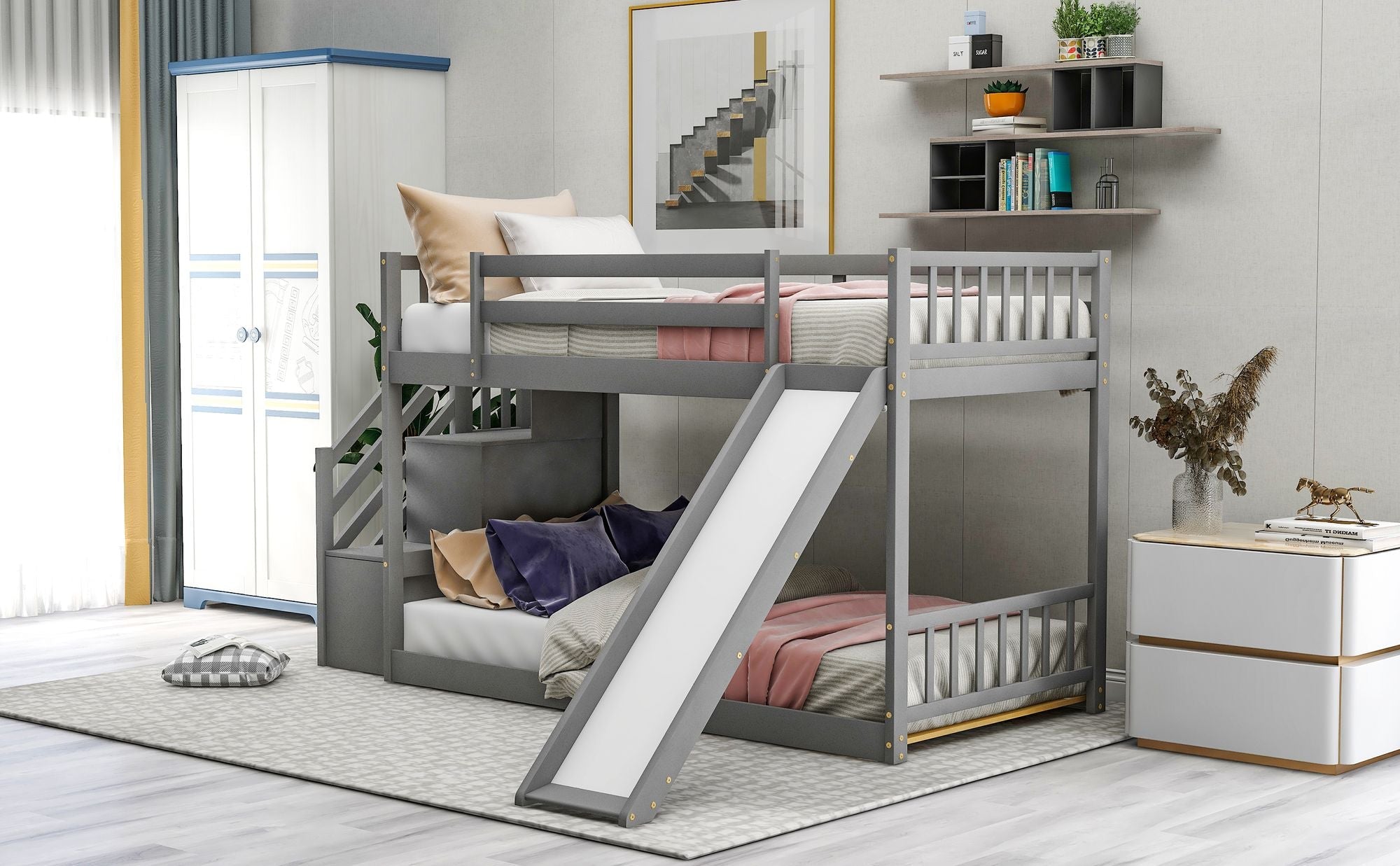 Fun and Safe Twin Over Twin Wood Bunk Bed with Slide and Stairway, Gray or White | Just Better Bunk Beds - Side View