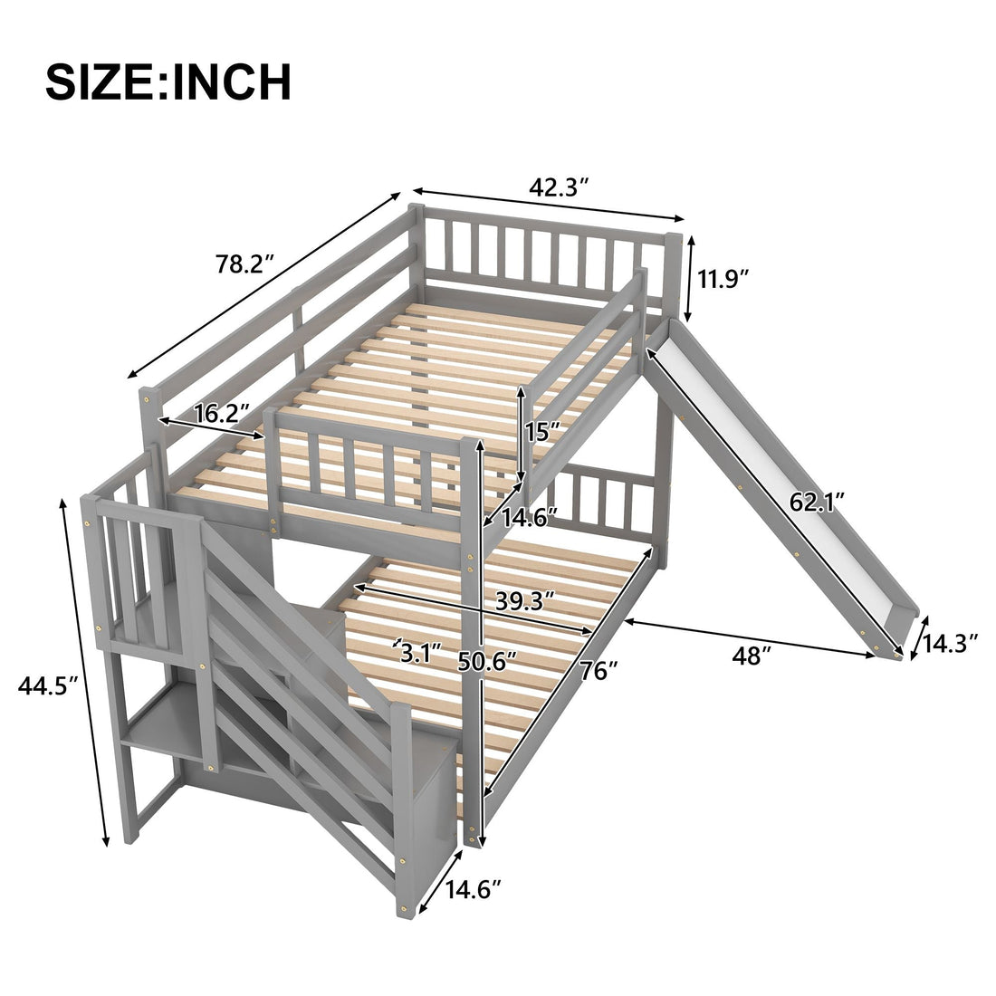 Fun and Safe Twin Over Twin Wood Bunk Bed with Slide and Stairway, Gray or White | Just Better Bunk Beds - Detail View
