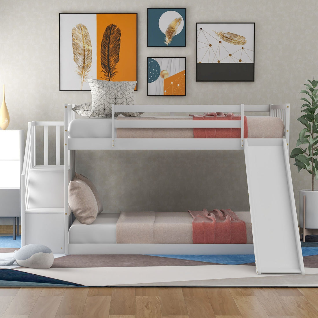 Fun and Safe Twin Over Twin Wood Bunk Bed with Slide and Stairway, Gray or White | Just Better Bunk Beds - View 18