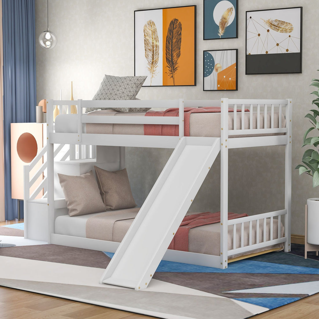 Fun and Safe Twin Over Twin Wood Bunk Bed with Slide and Stairway, Gray or White | Just Better Bunk Beds - View 14