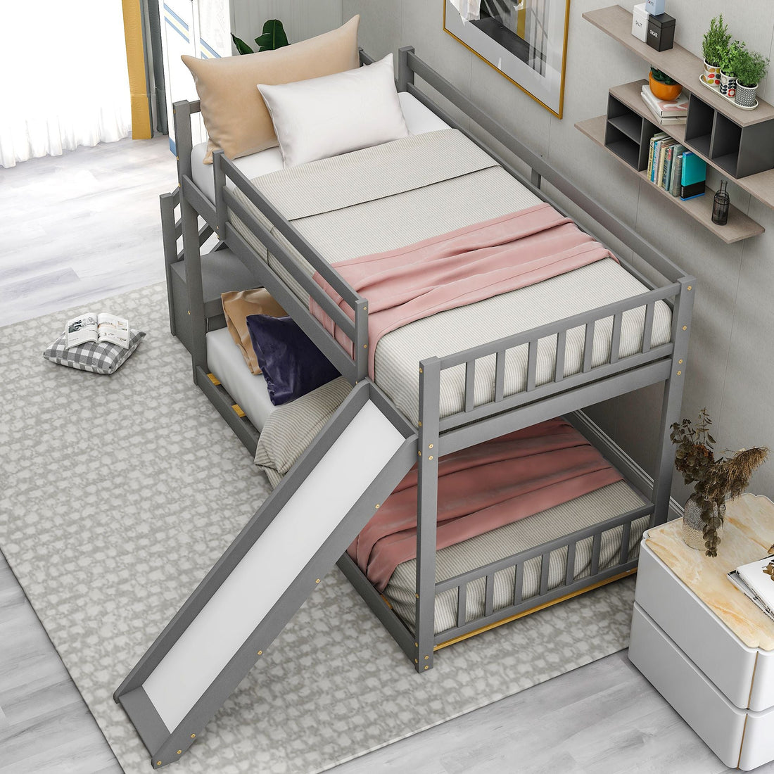 Fun and Safe Twin Over Twin Wood Bunk Bed with Slide and Stairway, Gray or White | Just Better Bunk Beds - View 6