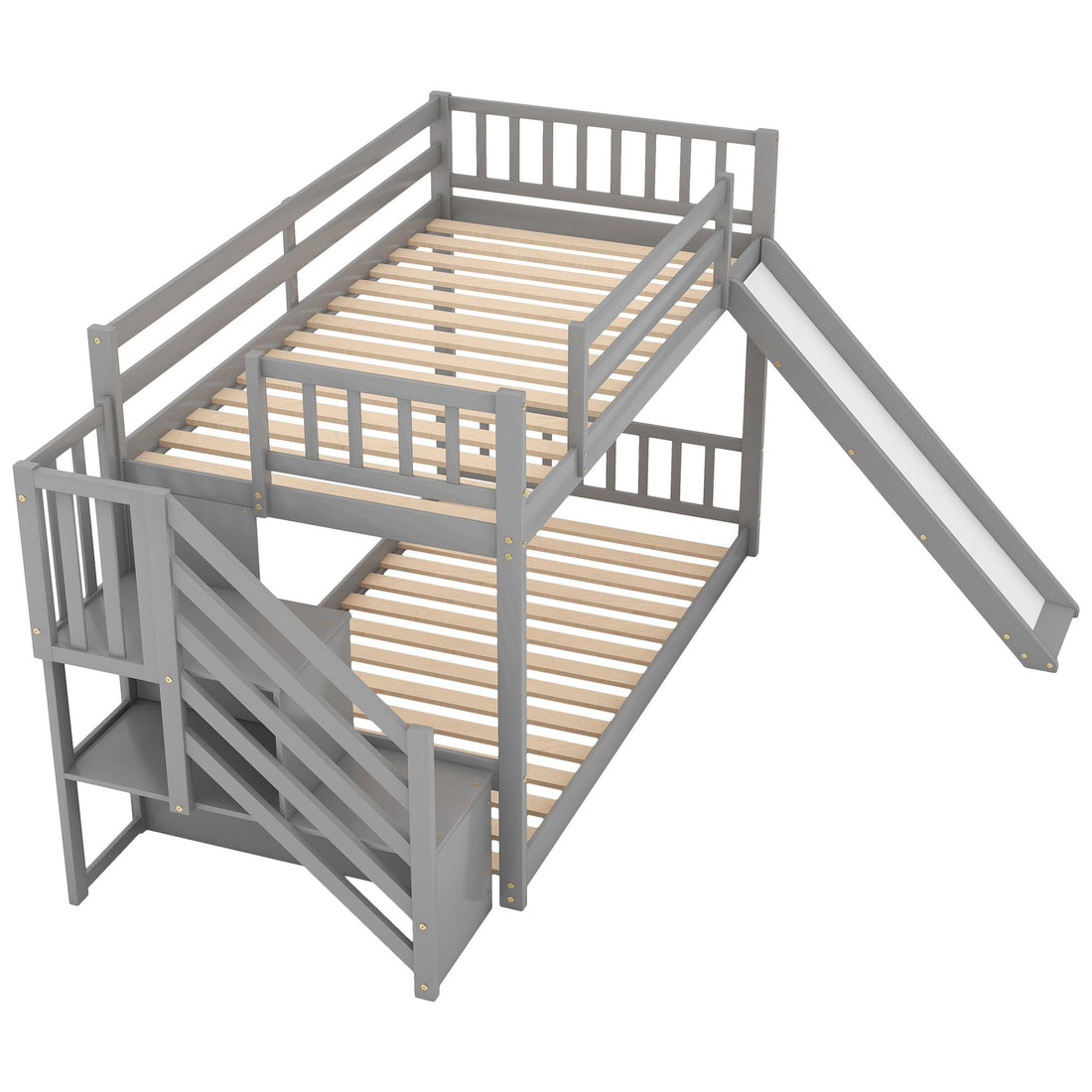 Fun and Safe Twin Over Twin Wood Bunk Bed with Slide and Stairway, Gray or White | Just Better Bunk Beds - View 5
