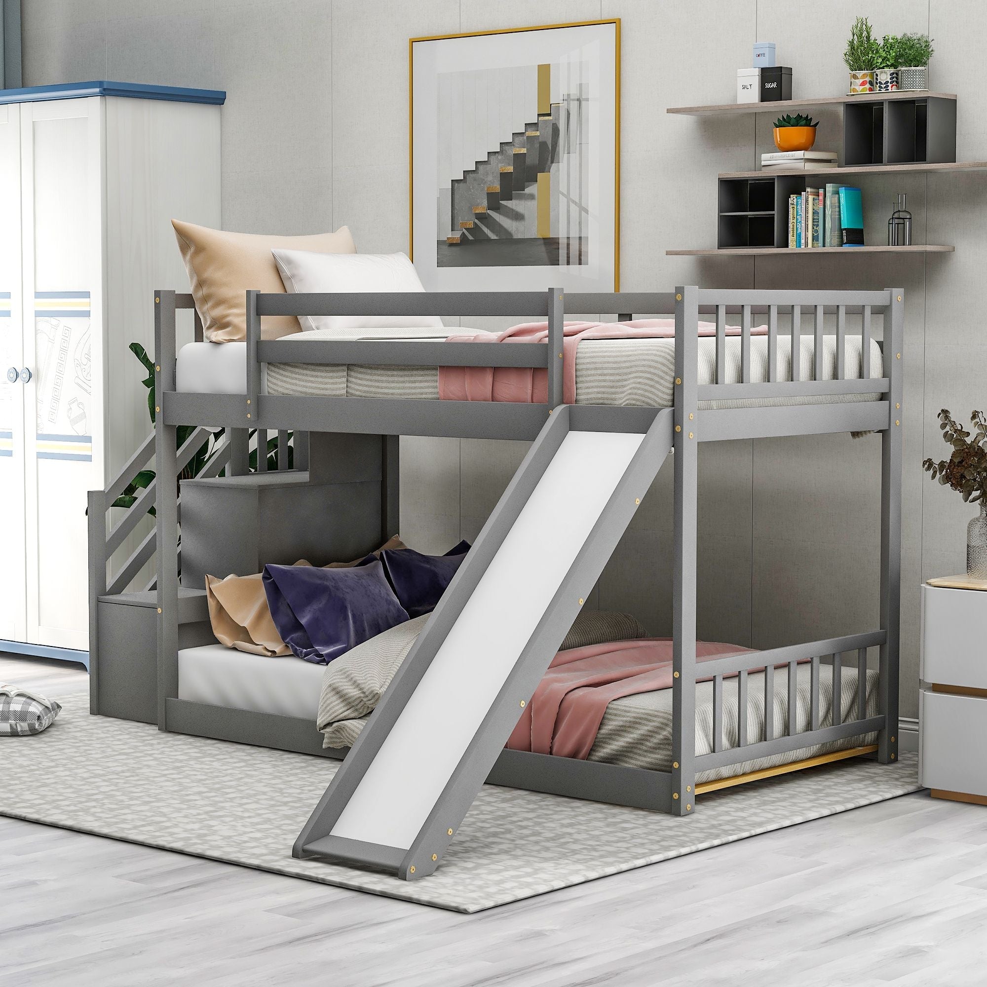 Fun and Safe Twin Over Twin Wood Bunk Bed with Slide and Stairway, Gray or White | Just Better Bunk Beds - Front View