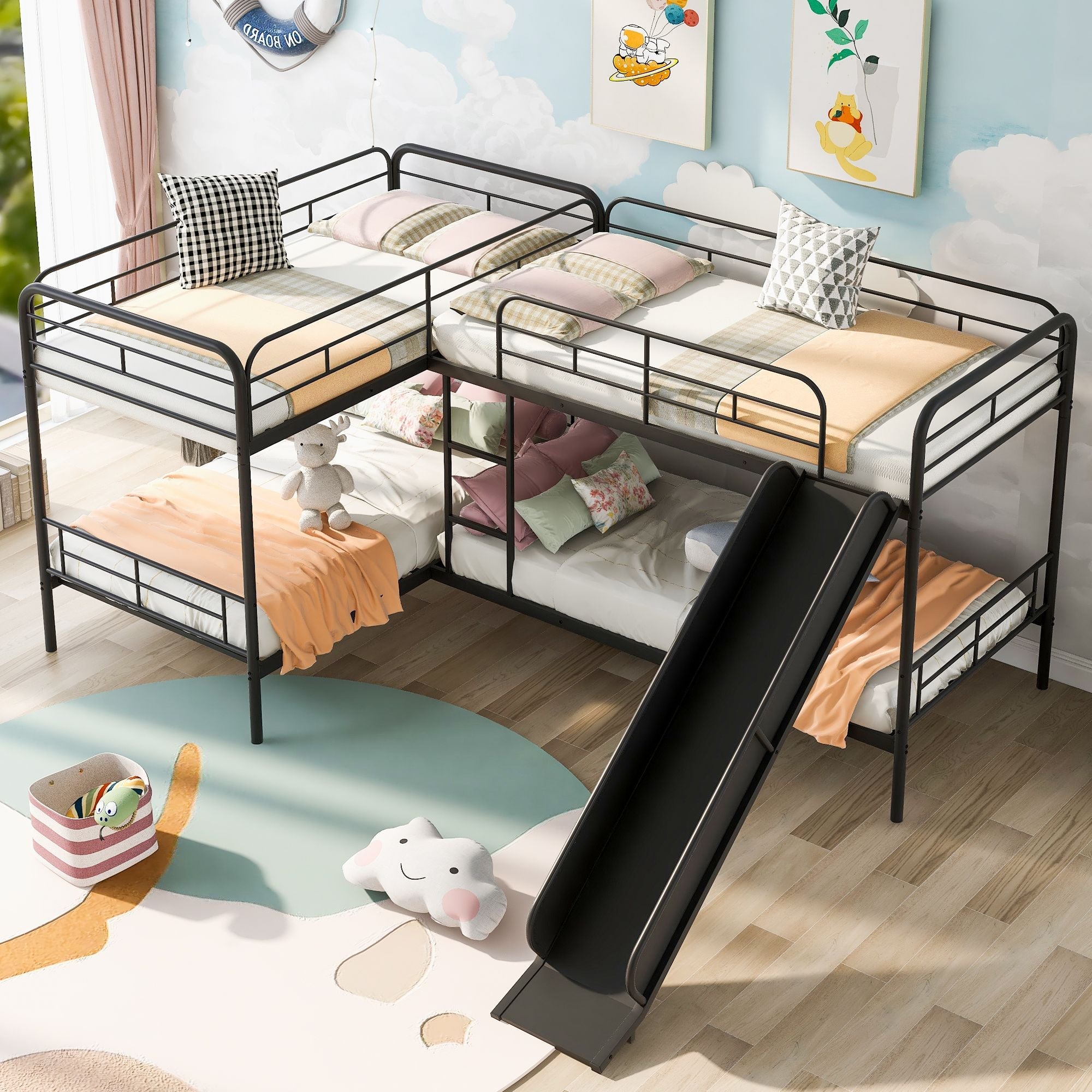 Twin Size L-Shaped Bunk Bed with Slide and Ladder, Black | Just Better Bunk Beds