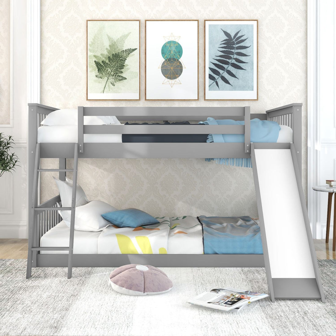 Fun Full Over Full Wood Bunk Bed with Convertible Slide or Ladder, Gray | Just Better Bunk Beds - Detail View