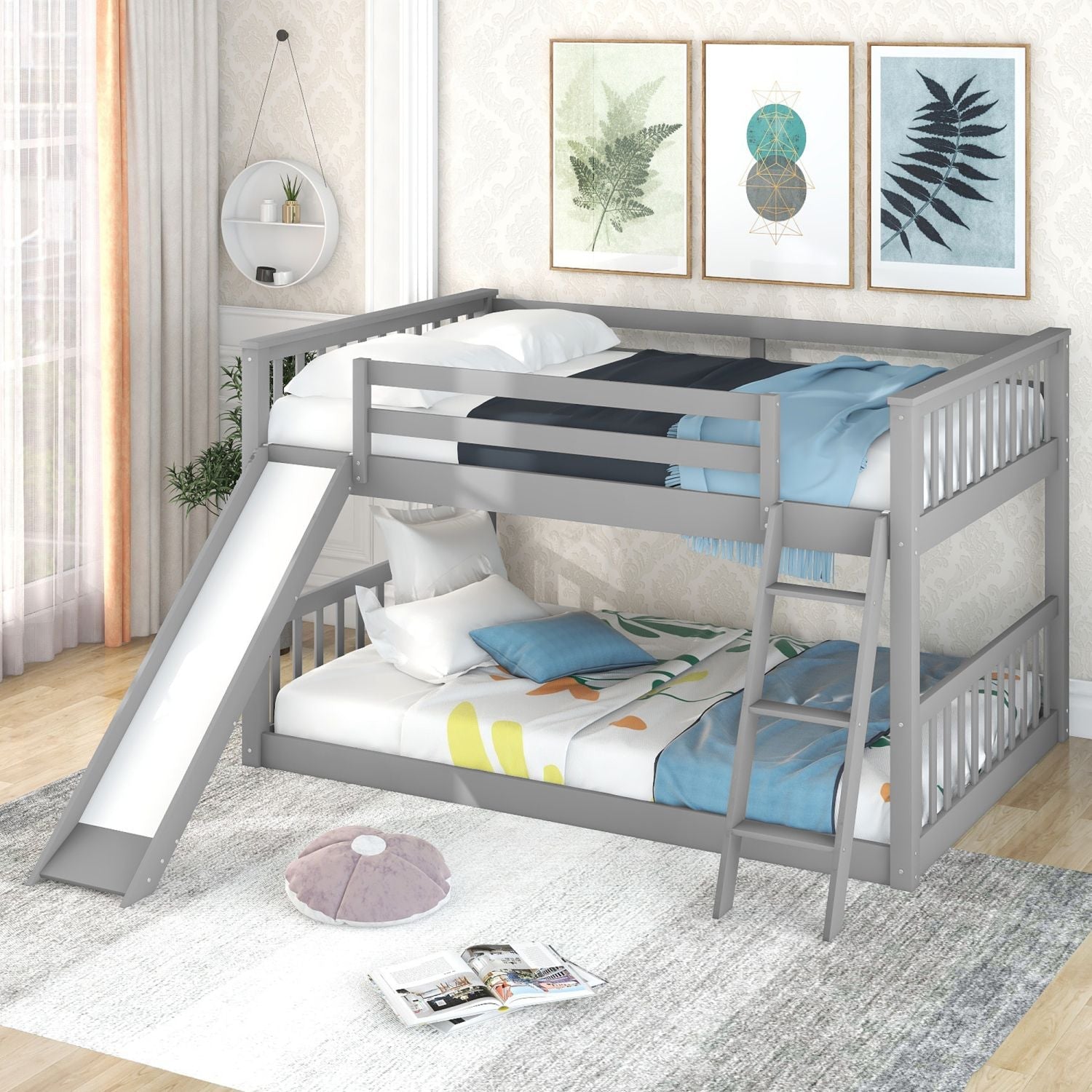Fun Full Over Full Wood Bunk Bed with Convertible Slide or Ladder, Gray | Just Better Bunk Beds - Front View