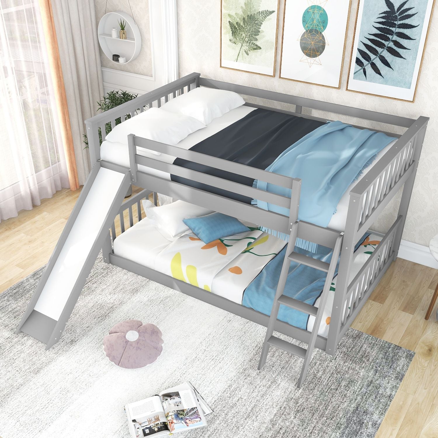 Fun Full Over Full Wood Bunk Bed with Convertible Slide or Ladder, Gray | Just Better Bunk Beds - Side View