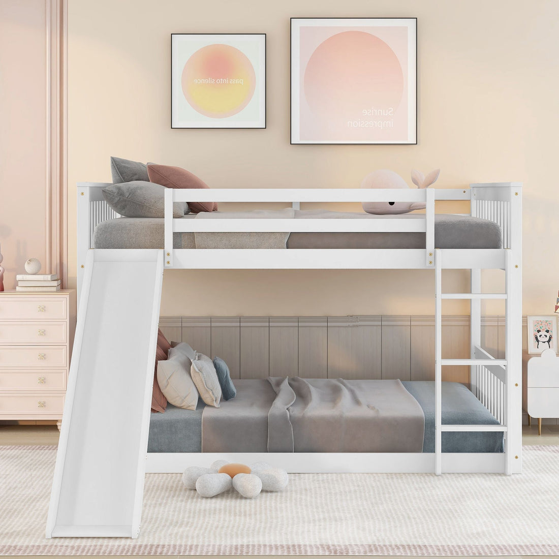 Fun Full Over Full Wood Bunk Bed with Slide and Safety Guardrails, White or Grey | Just Better Bunk Beds - View 20