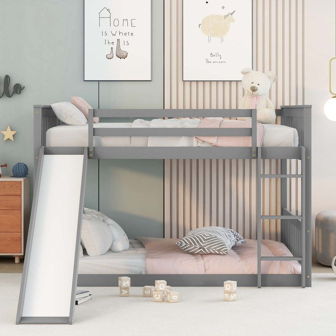 Fun Full Over Full Wood Bunk Bed with Slide and Safety Guardrails, White or Grey | Just Better Bunk Beds - Assembly View
