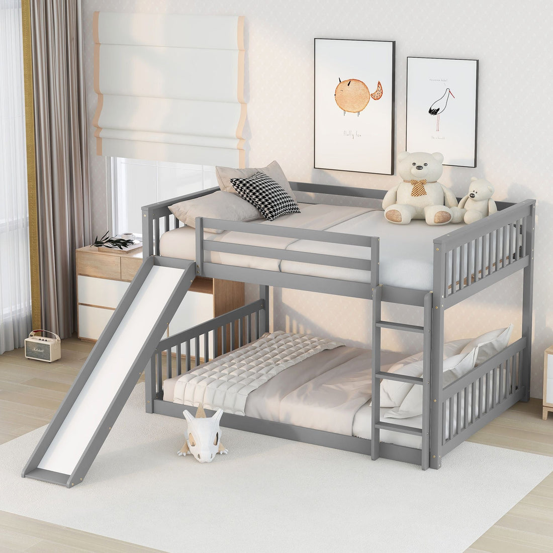 Fun Full Over Full Wood Bunk Bed with Slide and Safety Guardrails, White or Grey | Just Better Bunk Beds - Detail View
