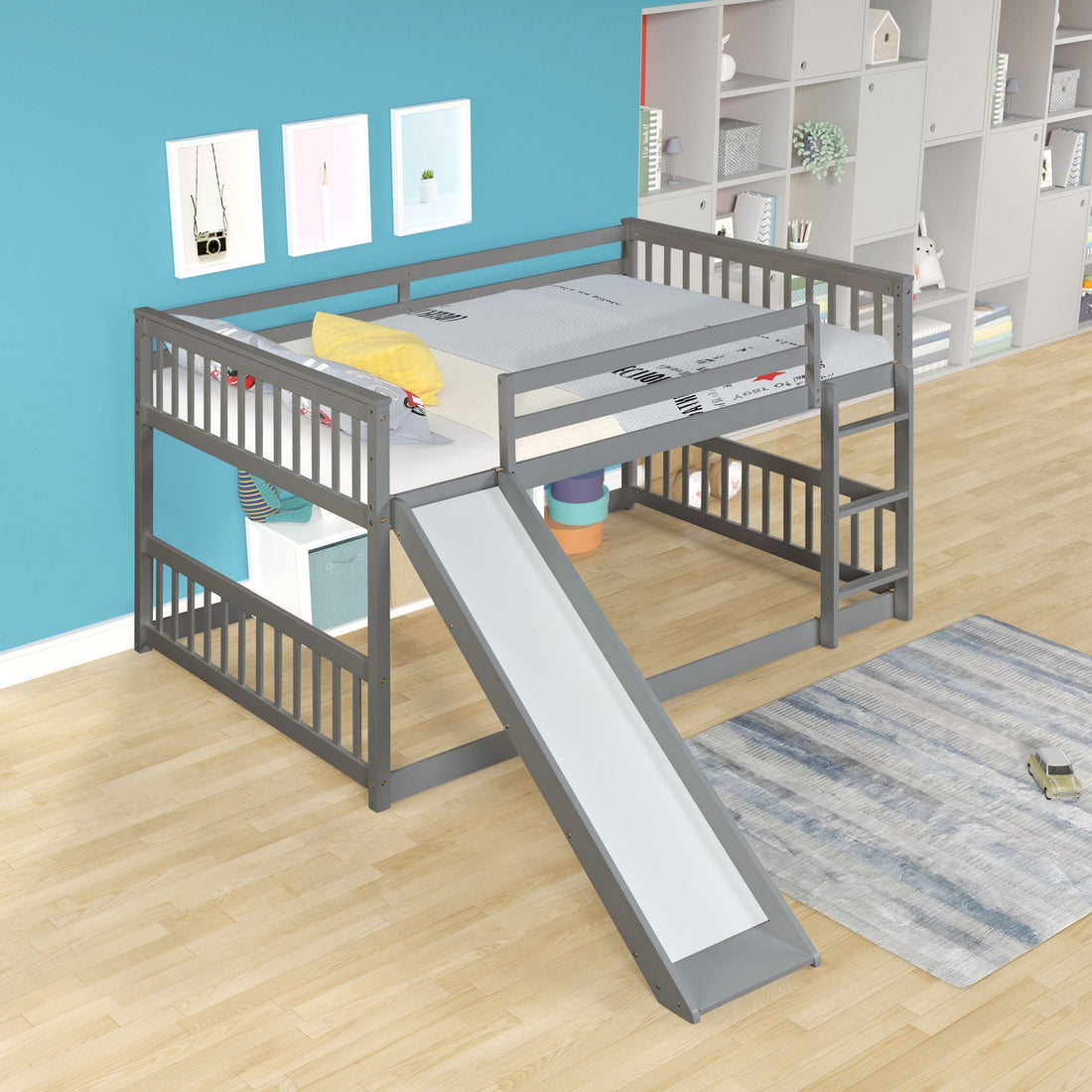 Fun Full Over Full Wood Bunk Bed with Slide and Safety Guardrails, White or Grey | Just Better Bunk Beds - View 8