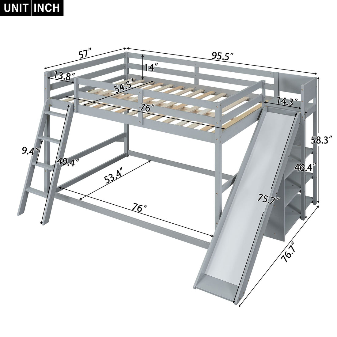 Fun Full Over Full Wood Bunk Bed with Slide, Ladder, Shelves in White | Just Better Bunk Beds - View 31