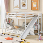 Fun Full Over Full Wood Bunk Bed with Slide, Ladder, Shelves in White | Just Better Bunk Beds - Detail View