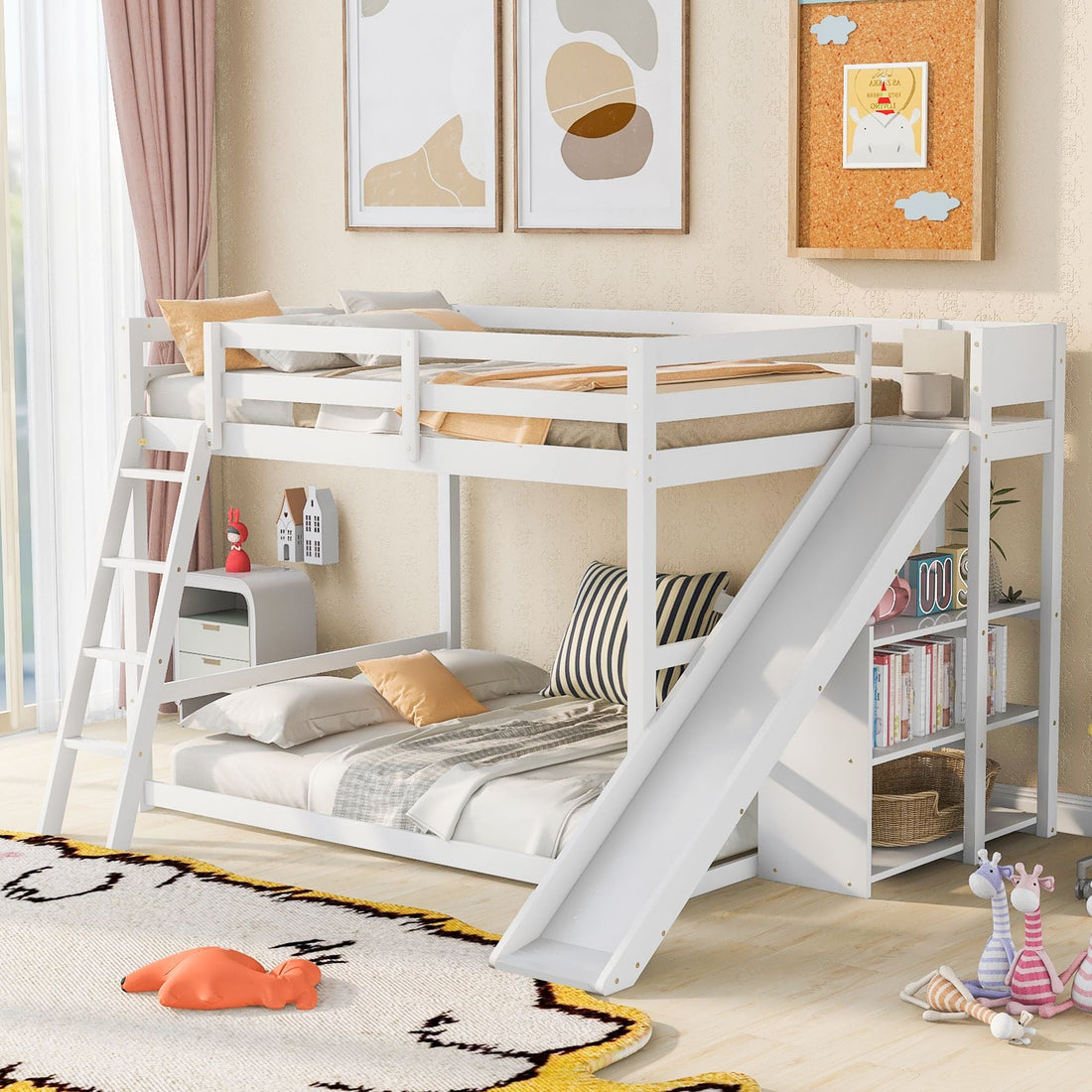 Fun Full Over Full Wood Bunk Bed with Slide, Ladder, Shelves in White | Just Better Bunk Beds - Detail View