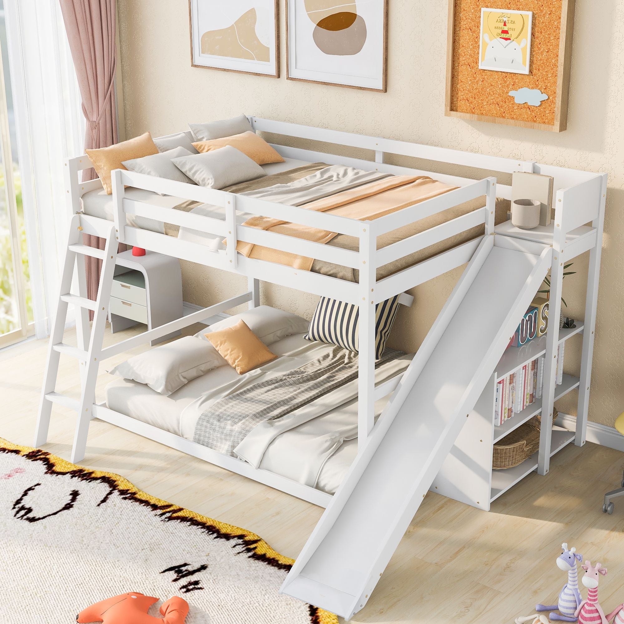 Fun Full Over Full Wood Bunk Bed with Slide, Ladder, Shelves in White | Just Better Bunk Beds - Side View