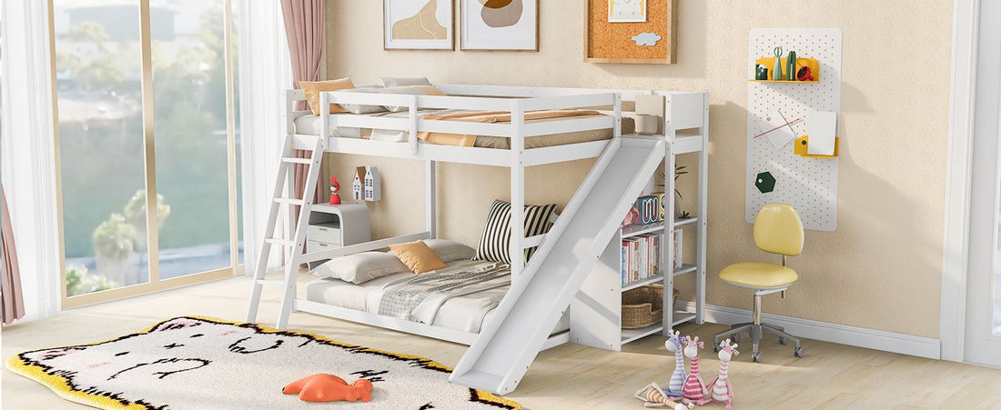 Fun Full Over Full Wood Bunk Bed with Slide, Ladder, Shelves in White | Just Better Bunk Beds - Assembly View