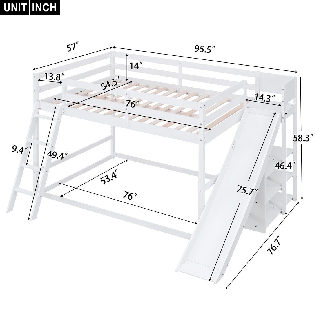 Fun Full Over Full Wood Bunk Bed with Slide, Ladder, Shelves in White | Just Better Bunk Beds - View 6