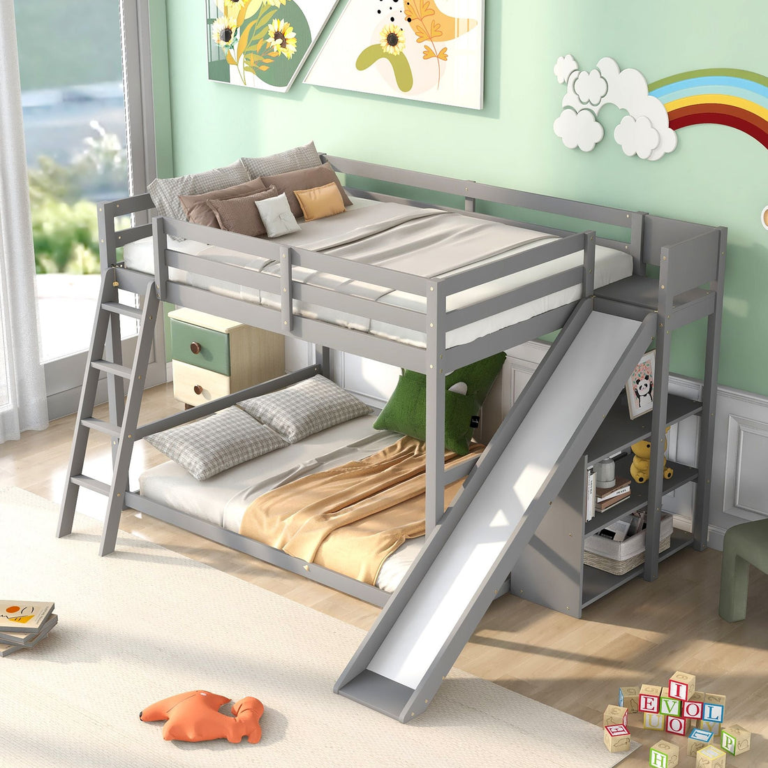 Fun Full Over Full Wood Bunk Bed with Slide, Ladder, Shelves in White | Just Better Bunk Beds - View 18