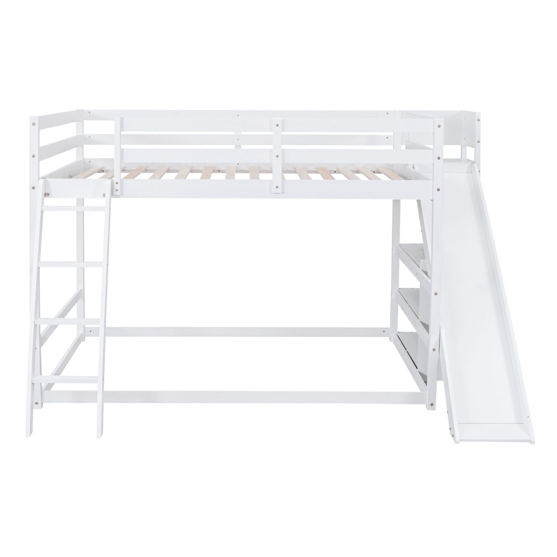 Fun Full Over Full Wood Bunk Bed with Slide, Ladder, Shelves in White | Just Better Bunk Beds - View 14