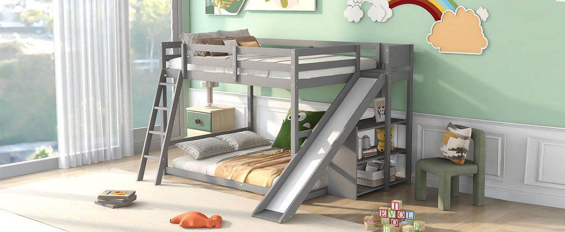 Fun Full Over Full Wood Bunk Bed with Slide, Ladder, Shelves in White | Just Better Bunk Beds - View 25