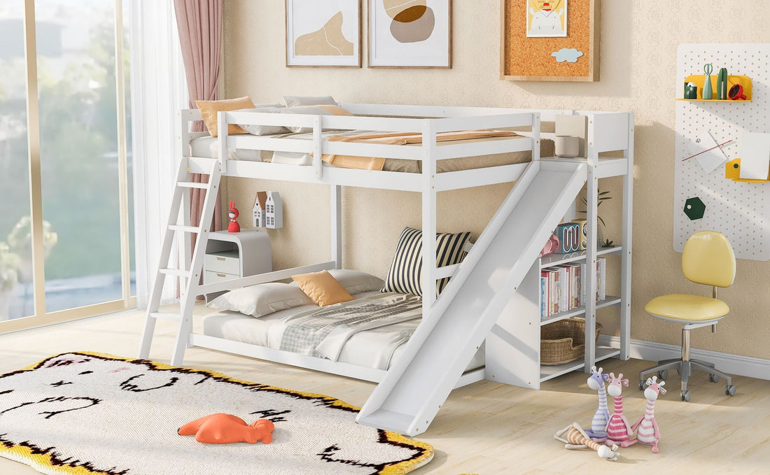 Fun Full Over Full Wood Bunk Bed with Slide, Ladder, Shelves in White | Just Better Bunk Beds - View 15