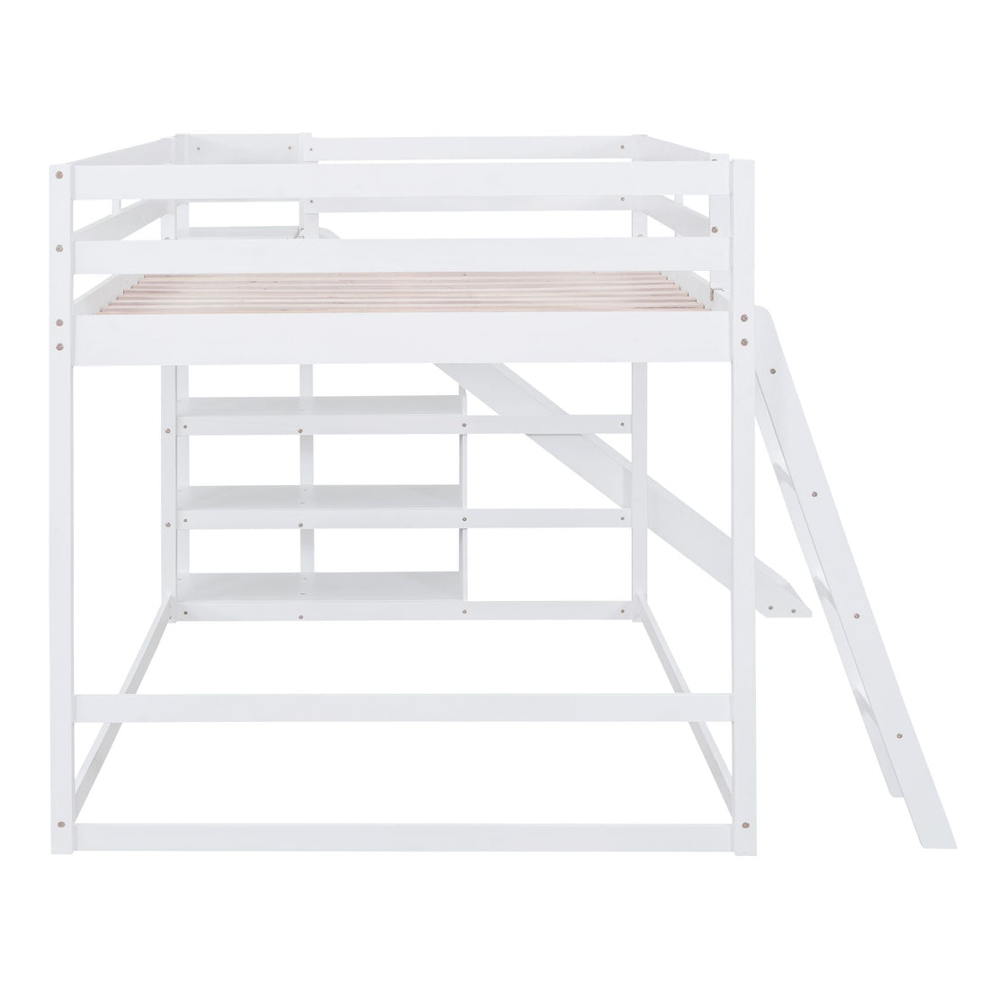 Fun Full Over Full Wood Bunk Bed with Slide, Ladder, Shelves in White | Just Better Bunk Beds - View 16