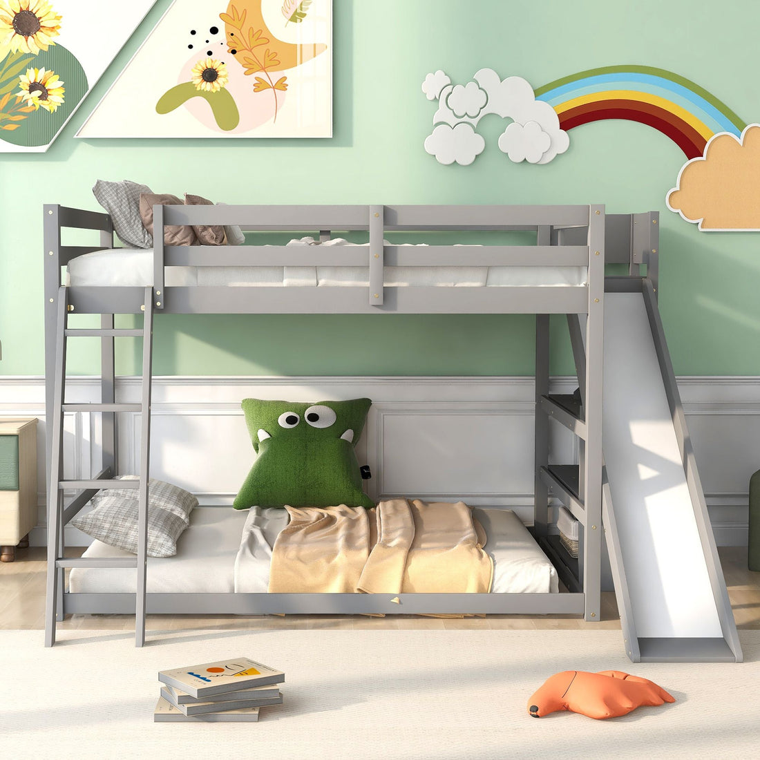 Fun Full Over Full Wood Bunk Bed with Slide, Ladder, Shelves in White | Just Better Bunk Beds - View 17