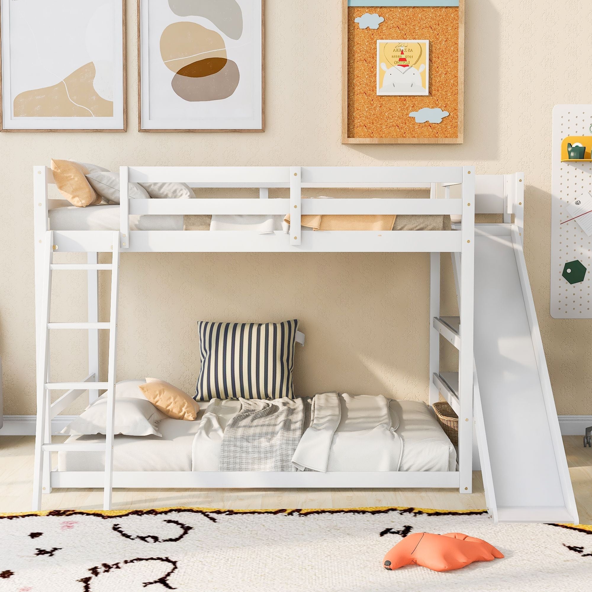 Fun Full Over Full Wood Bunk Bed with Slide, Ladder, Shelves in White | Just Better Bunk Beds - Front View