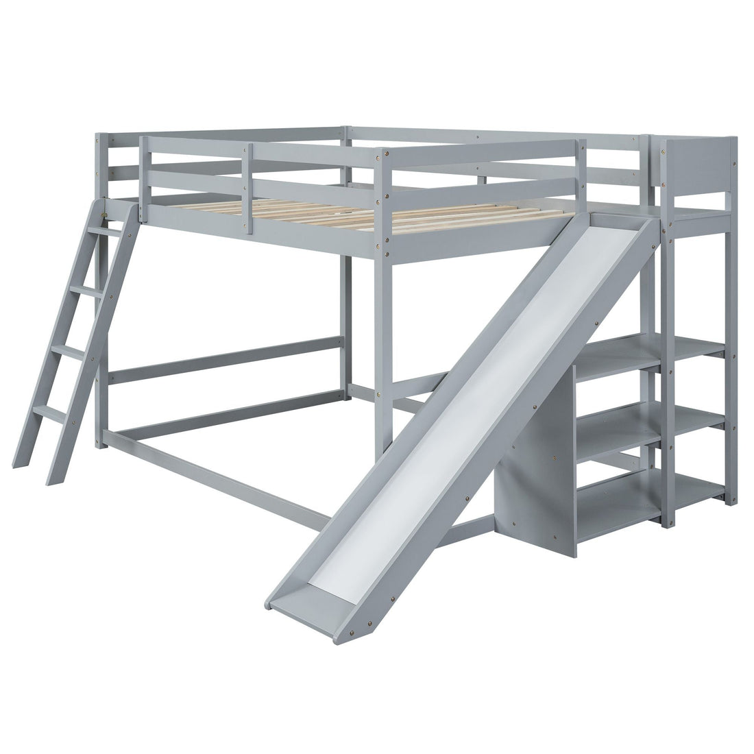 Fun Full Over Full Wood Bunk Bed with Slide, Ladder, Shelves in White | Just Better Bunk Beds - View 24