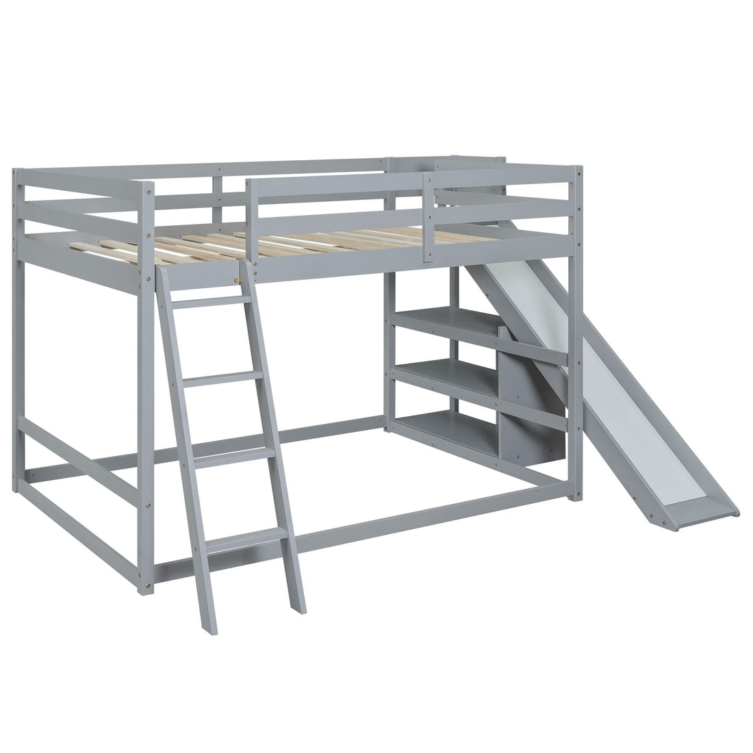 Fun Full Over Full Wood Bunk Bed with Slide, Ladder, Shelves in White | Just Better Bunk Beds - View 26