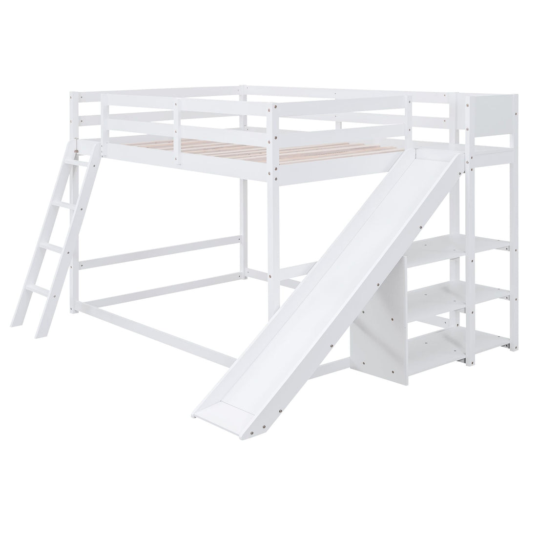Fun Full Over Full Wood Bunk Bed with Slide, Ladder, Shelves in White | Just Better Bunk Beds - View 11