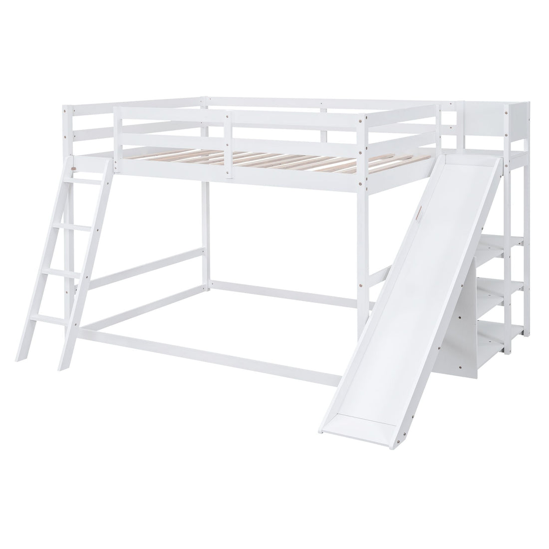 Fun Full Over Full Wood Bunk Bed with Slide, Ladder, Shelves in White | Just Better Bunk Beds - View 13