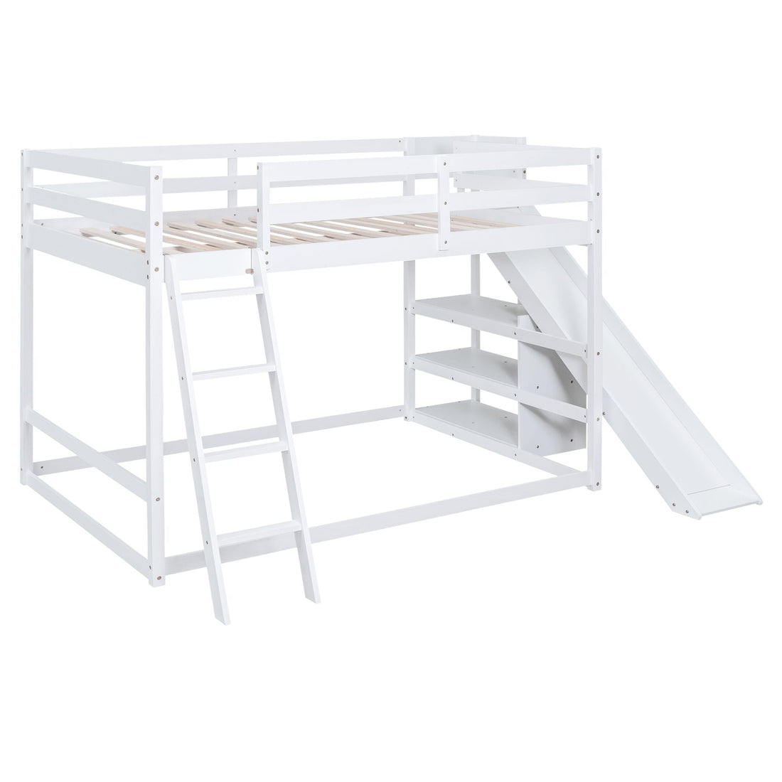Fun Full Over Full Wood Bunk Bed with Slide, Ladder, Shelves in White | Just Better Bunk Beds - View 5