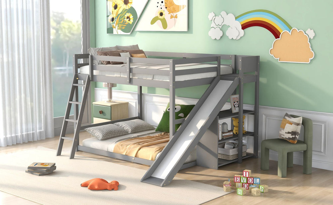 Fun Full Over Full Wood Bunk Bed with Slide, Ladder, Shelves in White | Just Better Bunk Beds - View 23