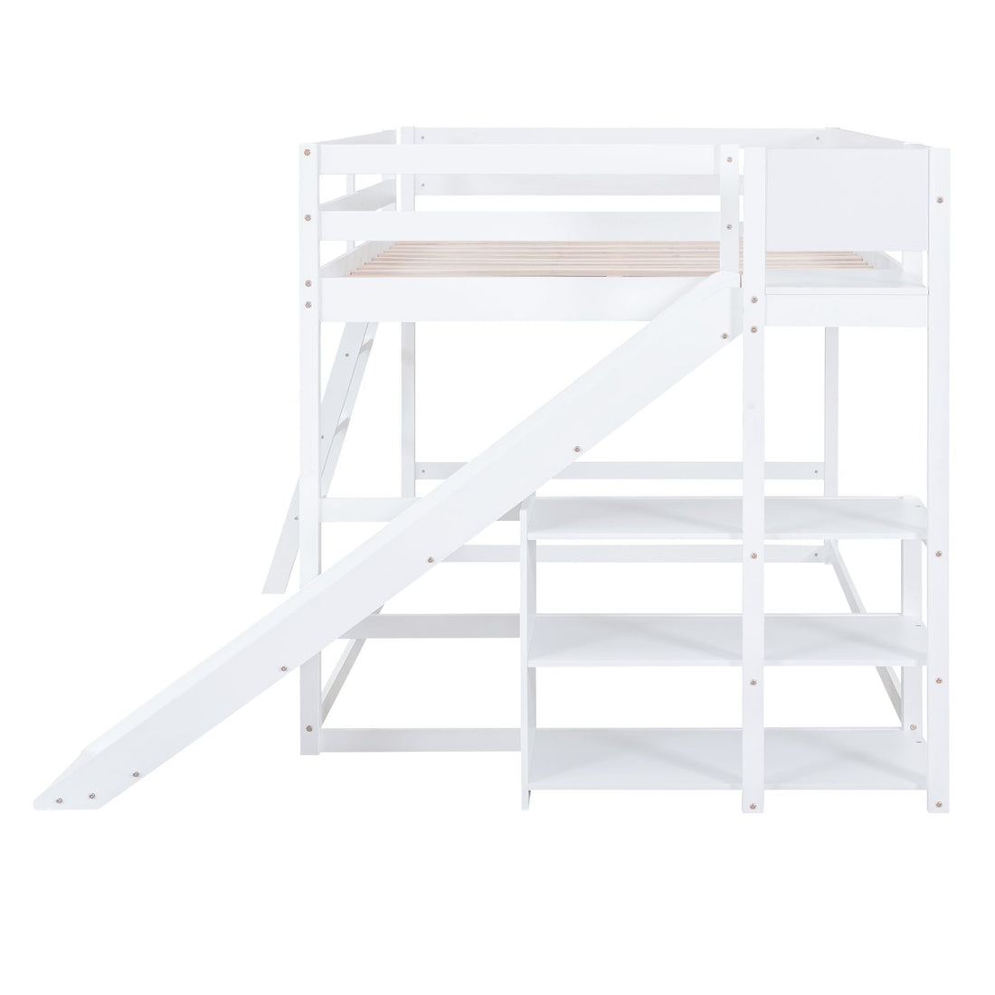 Fun Full Over Full Wood Bunk Bed with Slide, Ladder, Shelves in White | Just Better Bunk Beds - View 9
