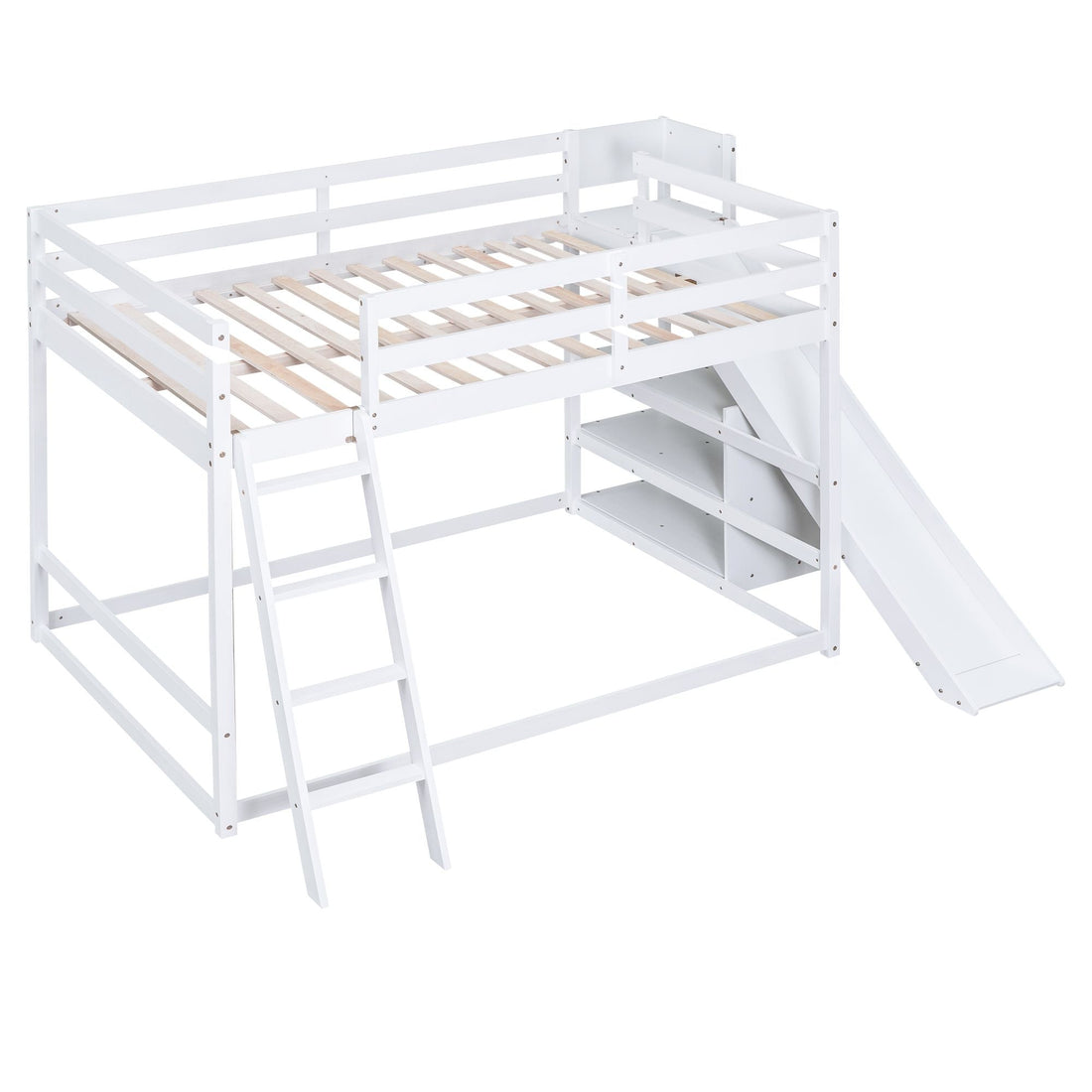 Fun Full Over Full Wood Bunk Bed with Slide, Ladder, Shelves in White | Just Better Bunk Beds - View 7