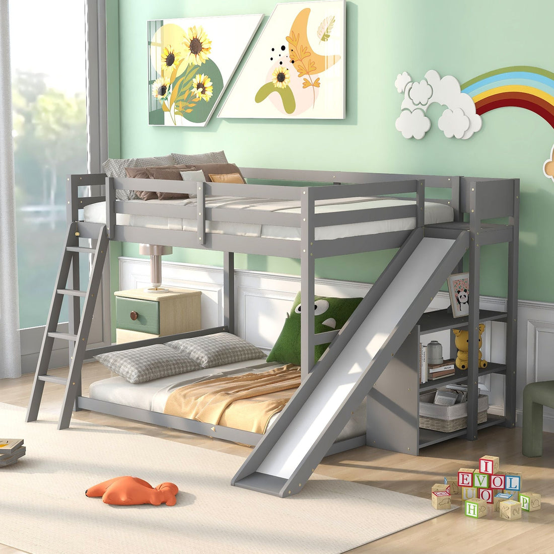 Fun Full Over Full Wood Bunk Bed with Slide, Ladder, Shelves in White | Just Better Bunk Beds - View 19