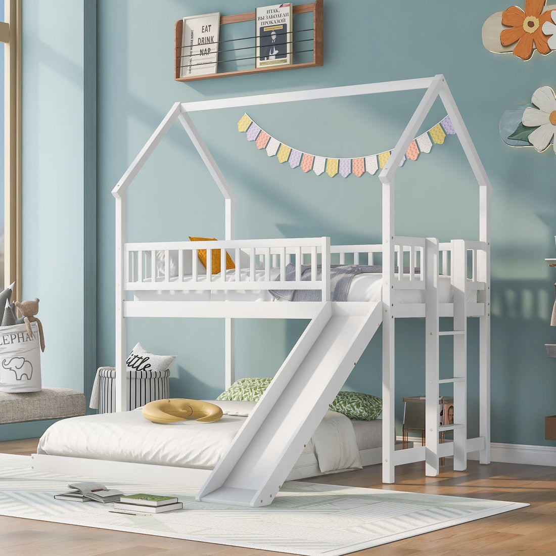 Fun Twin over Full Wood Bunk Bed with Slide, Built-in Ladder, Full-Length Guardrails, White | Just Better Bunk Beds - View 8