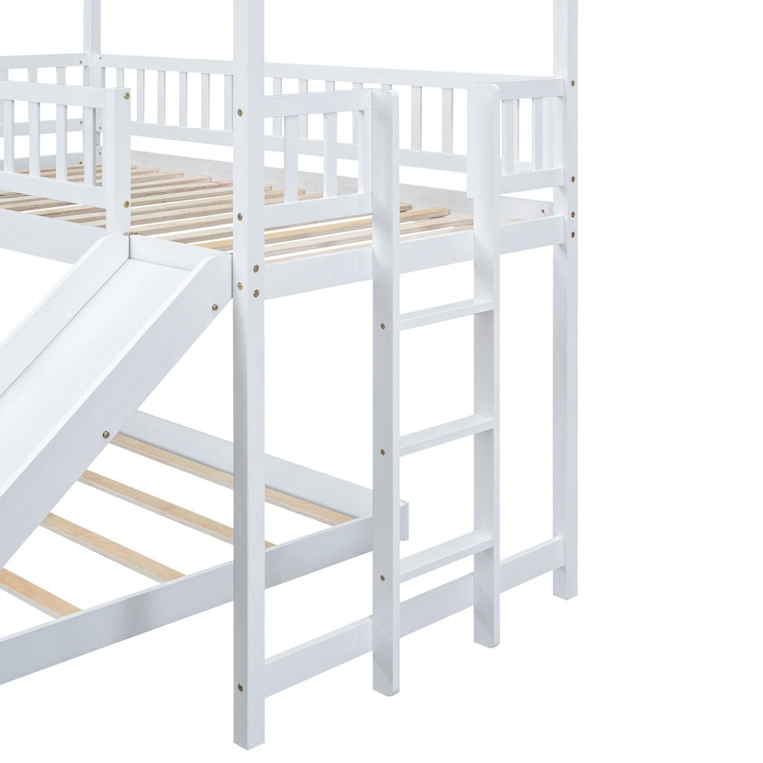 Fun Twin over Full Wood Bunk Bed with Slide, Built-in Ladder, Full-Length Guardrails, White | Just Better Bunk Beds - View 10