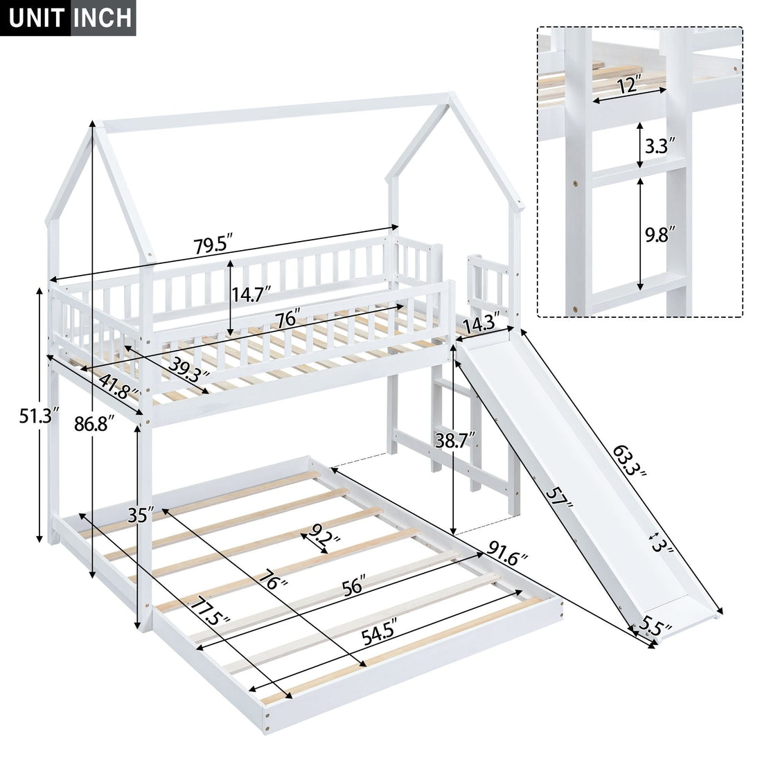 Fun Twin over Full Wood Bunk Bed with Slide, Built-in Ladder, Full-Length Guardrails, White | Just Better Bunk Beds - View 15