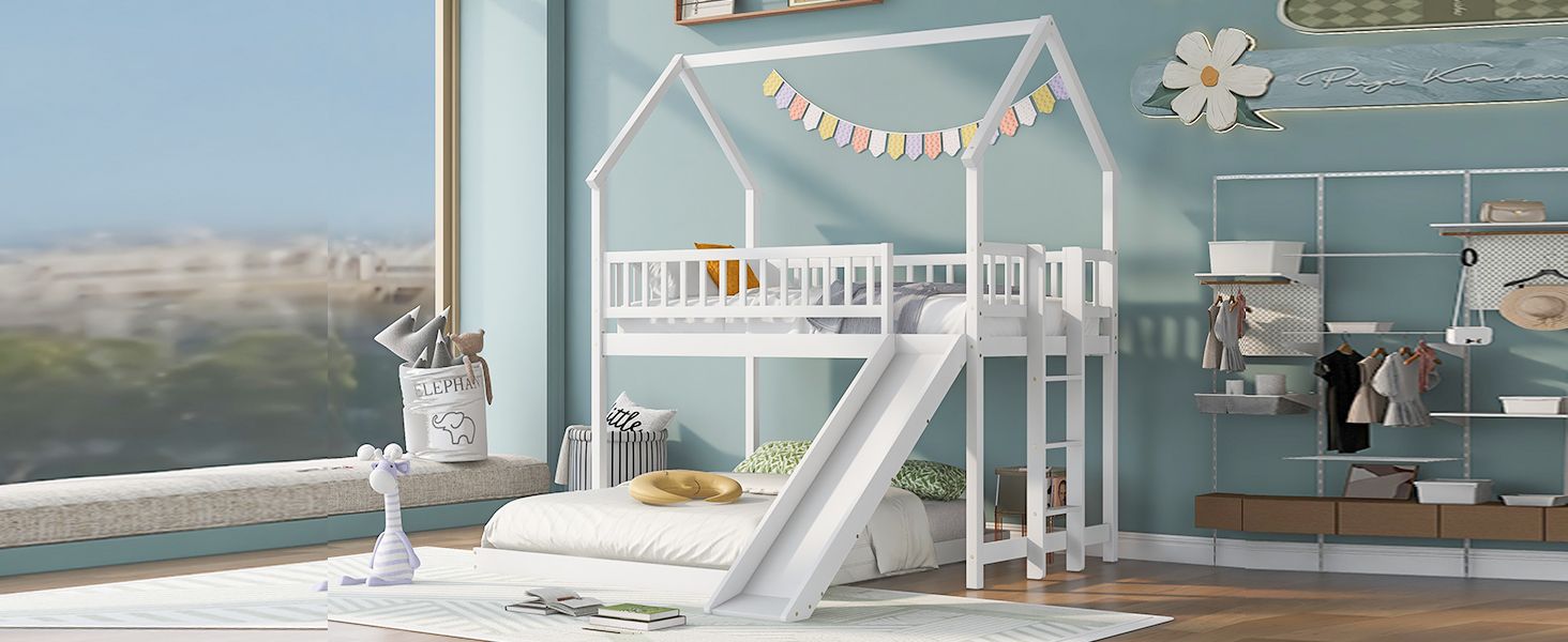Fun Twin over Full Wood Bunk Bed with Slide, Built-in Ladder, Full-Length Guardrails, White | Just Better Bunk Beds - Side View