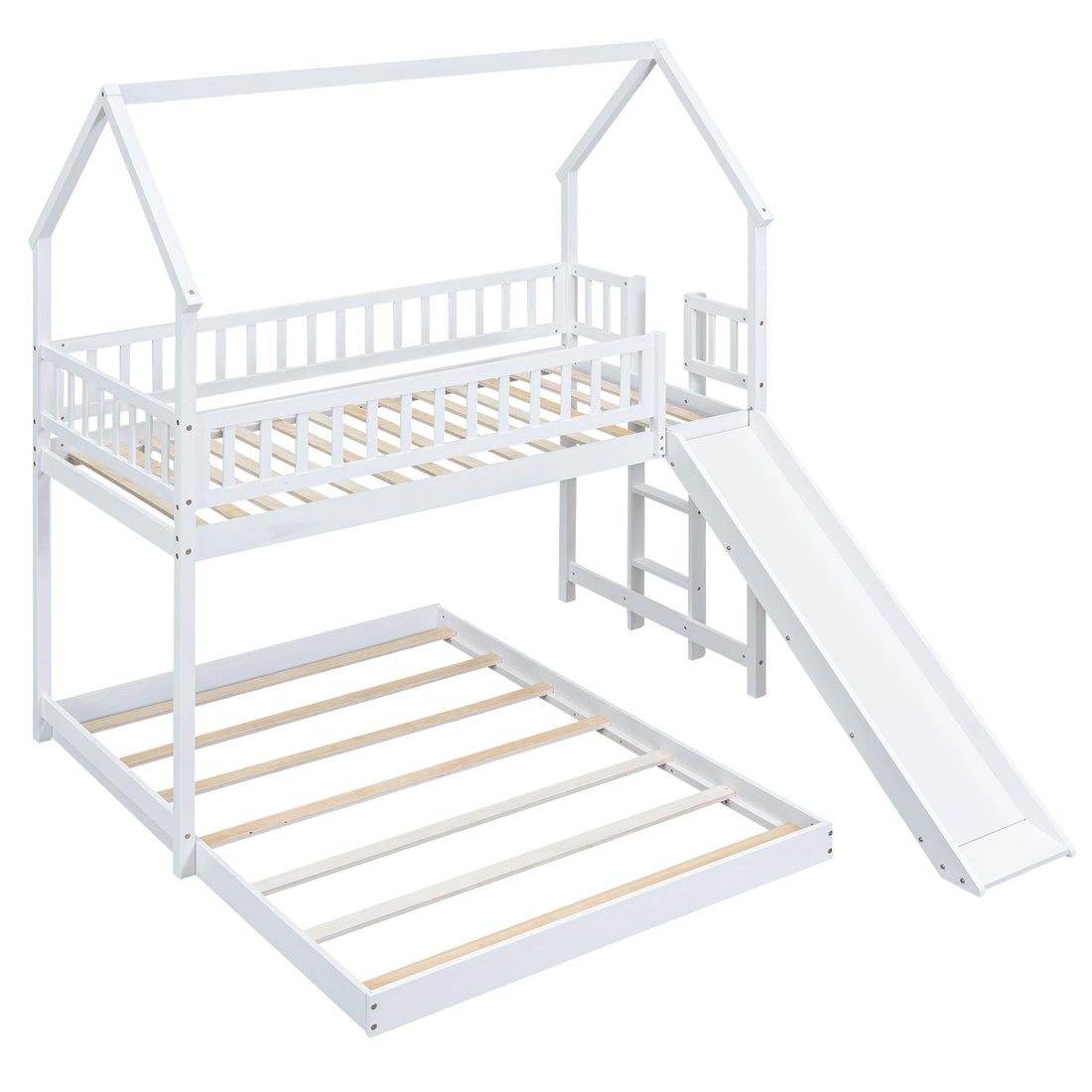 Fun Twin over Full Wood Bunk Bed with Slide, Built-in Ladder, Full-Length Guardrails, White | Just Better Bunk Beds - View 6