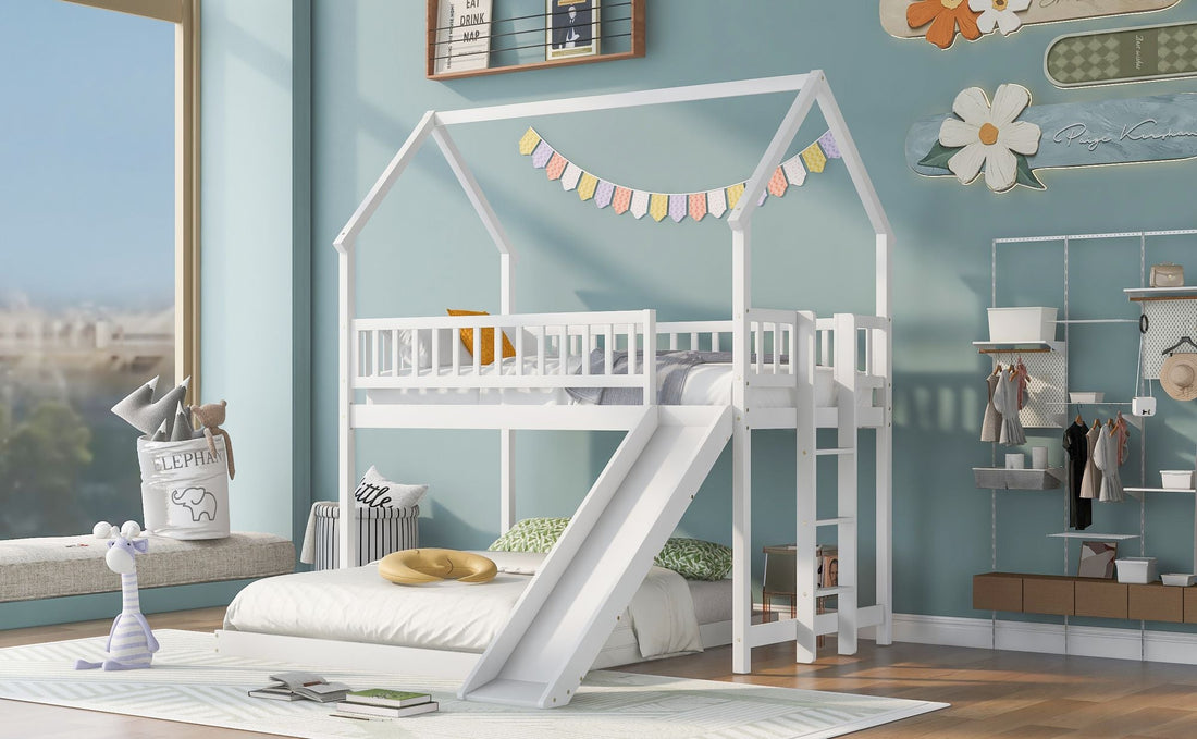 Fun Twin over Full Wood Bunk Bed with Slide, Built-in Ladder, Full-Length Guardrails, White | Just Better Bunk Beds - View 12