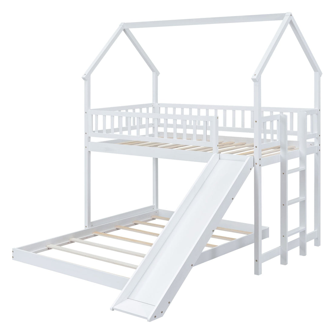 Fun Twin over Full Wood Bunk Bed with Slide, Built-in Ladder, Full-Length Guardrails, White | Just Better Bunk Beds - View 5