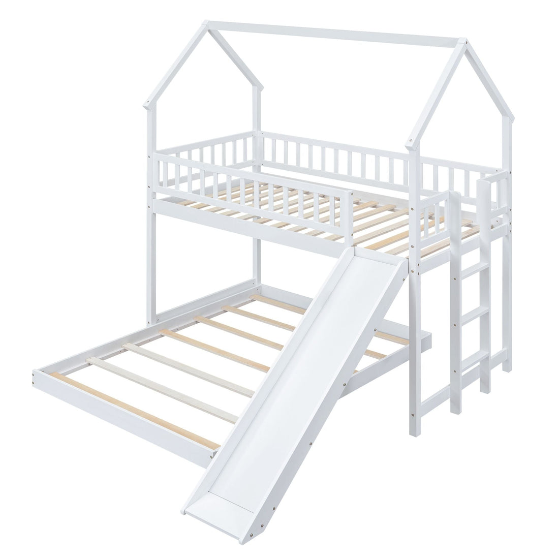 Fun Twin over Full Wood Bunk Bed with Slide, Built-in Ladder, Full-Length Guardrails, White | Just Better Bunk Beds - Detail View