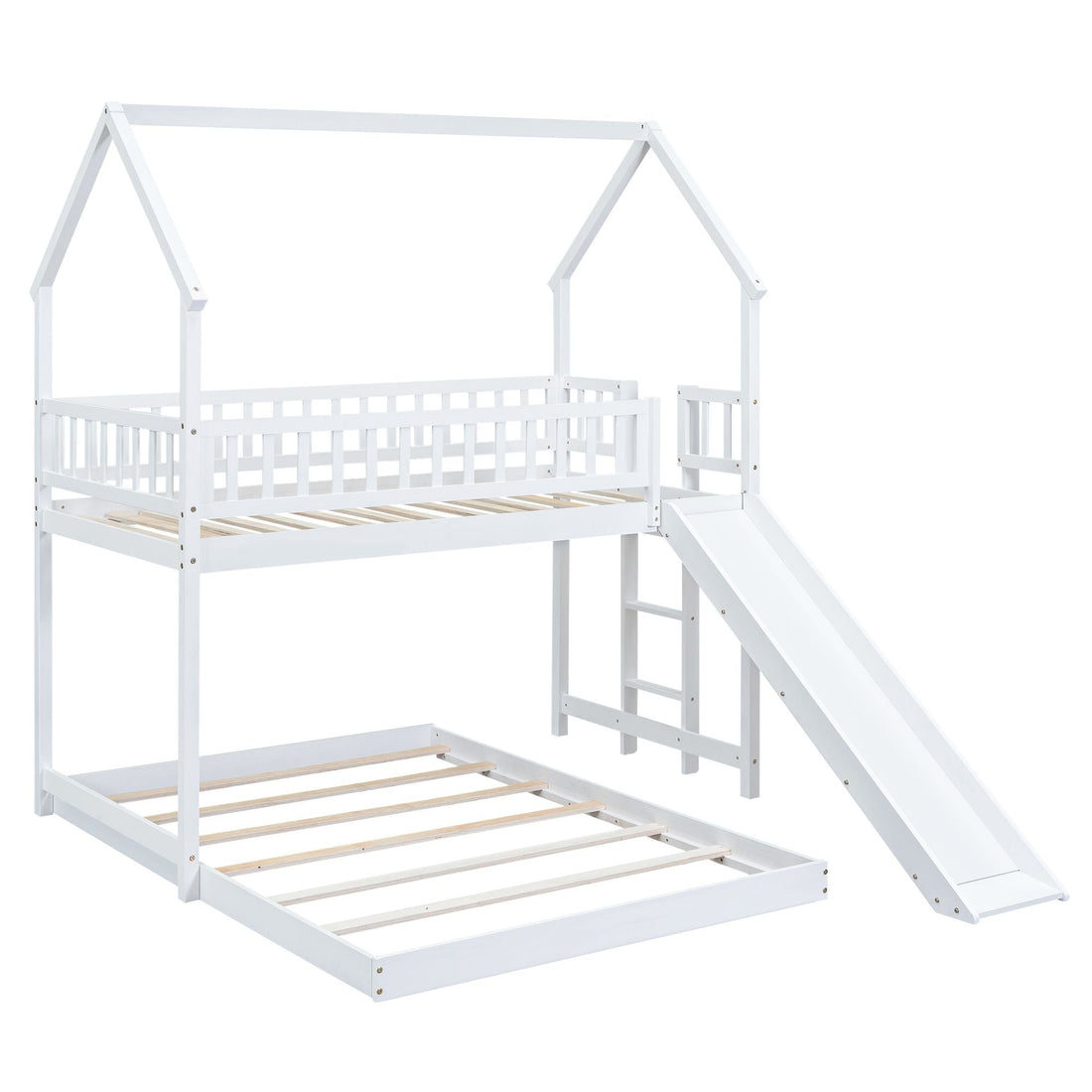Fun Twin over Full Wood Bunk Bed with Slide, Built-in Ladder, Full-Length Guardrails, White | Just Better Bunk Beds - View 9