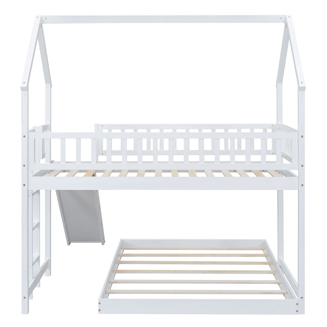 Fun Twin over Full Wood Bunk Bed with Slide, Built-in Ladder, Full-Length Guardrails, White | Just Better Bunk Beds - View 13