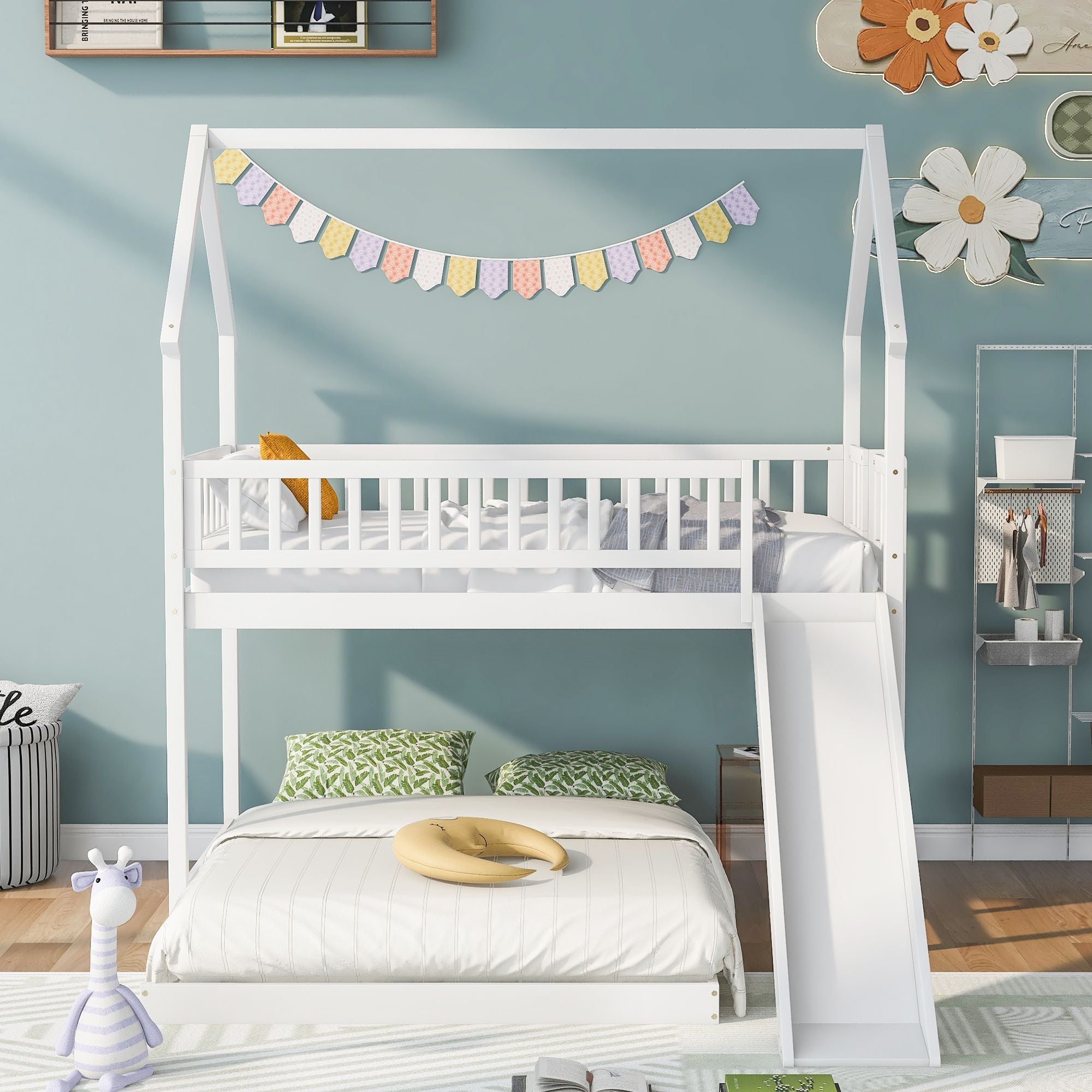 Fun Twin over Full Wood Bunk Bed with Slide, Built-in Ladder, Full-Length Guardrails, White | Just Better Bunk Beds - Front View